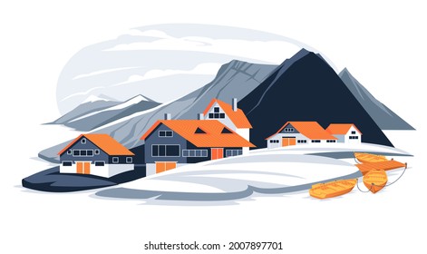 Flat nordic mountains and sea coast fishing village landscape illustration. Cartoon colorful cold palette.