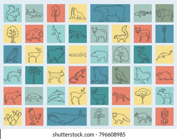 Flat North America Flora And Fauna  Elements. Animals, Birds And Sea Life Simple Line Icon Set. Vector Illustration