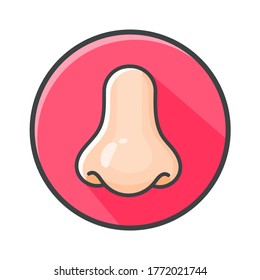 Flat nose icon and long shadow of the nose. Isolated on white background