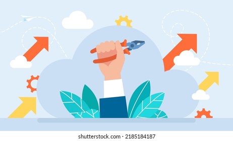 Flat nose pliers. Man's hand holds a Pliers. Close up. Repairs, maintenance, construction concept. Technical service, repairs, customer support, mechanical processes. Flat design Vector illustration