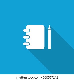 Flat Note Book icon with long shadow on blue backround