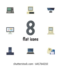 Flat Notebook Set Of Processor, PC, Computing And Other Vector Objects. Also Includes Monitor, Screen, Personal Elements.