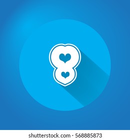 flat number eight with love and long shadow blue white. vector eps. 10