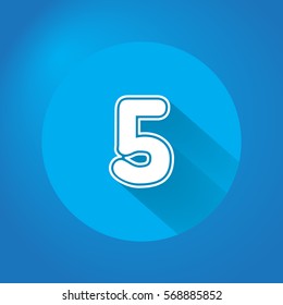 flat number five with love and long shadow blue white. vector eps. 10