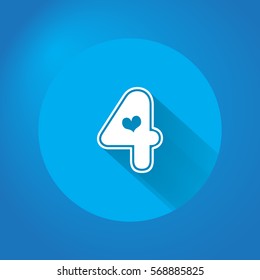 flat number four with love and long shadow blue white. vector eps. 10