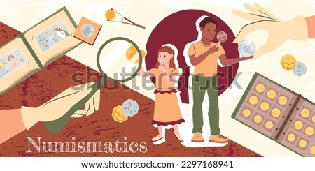 Flat numismatics horizontal collage with children numismatists collectible coins and banknotes in albums vector illustration ストックフォト © 