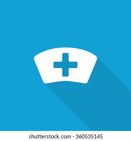 Flat Nurse icon with long shadow on blue backround