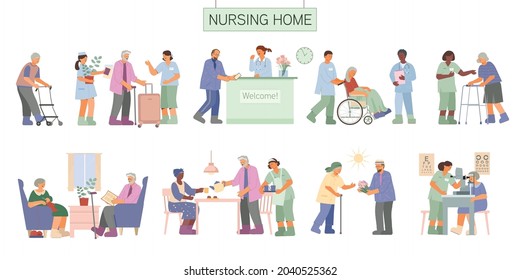 Flat nursing home assisted living set with senior people arriving walking reading getting medical assistance isolated vector illustration