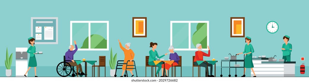 Composición de personajes en el hogar de enfermería plana con entorno en el hogar de enfermería ayudando a los ancianos y asistiendo a la ilustración vectorial necesaria