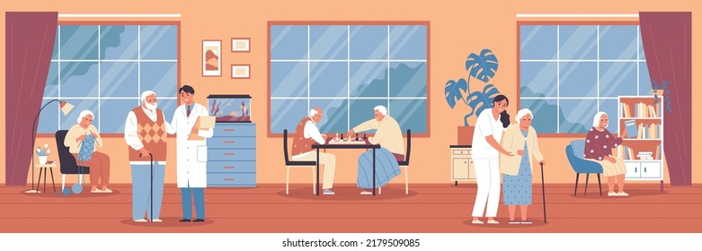 Flat nursing home composition room in a nursing home where everyone goes about their business and doctors and nurses provide medical care to those in need vector illustration