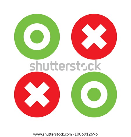 Flat o and x round shape icons, green circle and red cross, vector, isolated on white background