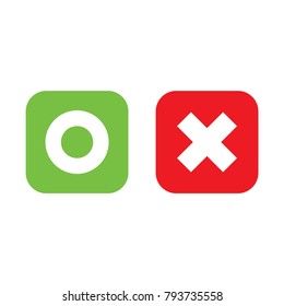 Flat O And X Rounded Square Shape Icons, Green Circle And Red Cross, Vector, Isolated On White Background