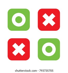 Flat O And X Rounded Square Shape Icons, Green Circle And Red Cross, Vector, Isolated On White Background