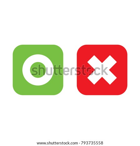 Flat o and x rounded square shape icons, green circle and red cross, vector, isolated on white background