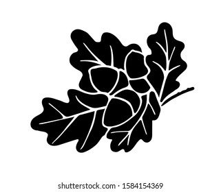Flat oak branch silhouette vector illustration. Isolated acorns and leaves design element on white background. Logo concept, park or botanical symbol.