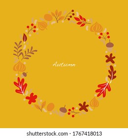 Flat oak leaves , flower, fern,nut and berry frame vector on yellow background for decoration on autumn season festival and Thanksgiving.