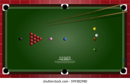 Flat object design set, snooker table and equipments on top view