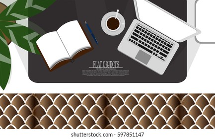 Flat object design set, working space on the couch with equipment