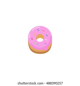 Flat object with highlights on white background. Donut Icon. A delicious doughnut. Sweet treat. Dessert.Nutritious dish. Cakes with filling and topping. Stylish stand-alone object. Illustration.Cooked