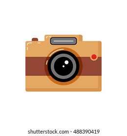 Flat object on white background. Retro photocamera or vintage photographic apparatus in a flat style on light backdrop. Camcorder. Film shooting. Smile. Hipster style. Zoom. picture. Tool photographer