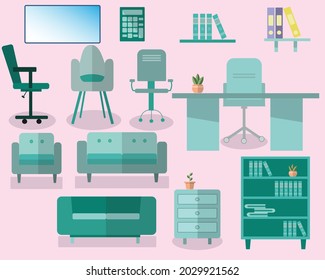 Flat objects of chair, table, desk book, sofa, cupboard, calculator