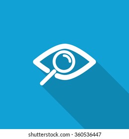 Flat Observe icon with long shadow on blue backround