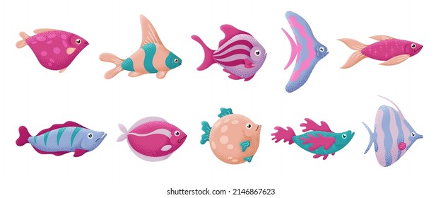 Flat ocean fish. Sea animal, underwater marine creature. Aquarium animals, isolated textured abstract nautical elements, swanky vector characters