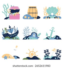 Flat Ocean Kingdom Scene with Underwater Treasure and Water Creator Theme