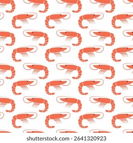 Flat ocean prawn food. Seamless shrimp pattern. Seafood print. Fresh marine shrimps. 