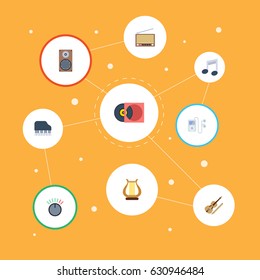 Flat Octave Keyboard, Mp3 Player, Tone Symbol And Other Vector Elements. Set Of Melody Flat Symbols Also Includes Note, Disc, Fiddle Objects.