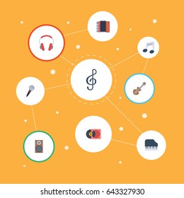 Flat Octave Keyboard, Retro Disc, Earphone And Other Vector Elements. Set Of Music Flat Symbols Also Includes Studio, Musical, Audio Objects.