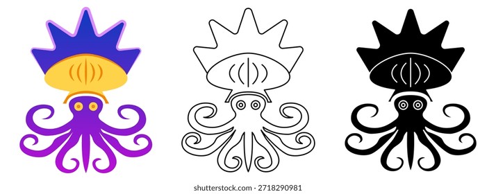 Flache Tintenfisch Krone Maskottchen Logo Design Vektorgrafik