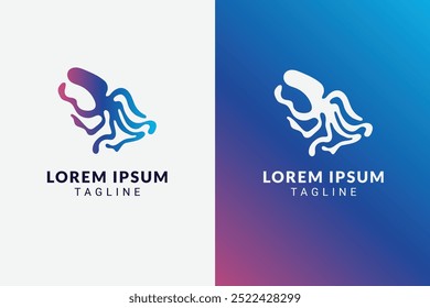 Flat octopus logo concept in blue and purple gradient. Vector logo template for branding companies in aquariums, wildlife conservation, marine animals, restaurant, tech