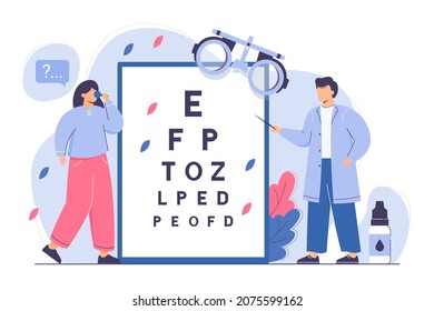 Flat oculist with pointer measure visual acuity of patient. Ophthalmologist check eyesight with eye test chart and eyeglasses. Doctor man diagnose ophthalmic problem in clinic. Ophthalmic exam concept