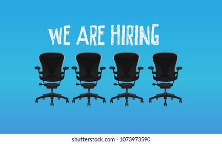 flat office chairs and "we are hiring" badge on blue background
