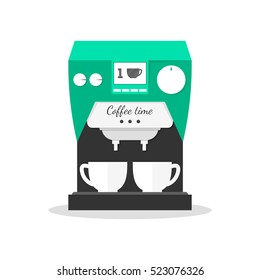 Flat office coffee machine with cups. Home coffee maker icon. Modern design. Kitchen equipment. Vector illustration isolated on white
