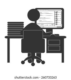 Flat office computer icon with chat isolated on white background