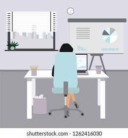 Flat office concept illustration. Business woman in office. Office illustration with chair, desk, computer, coffee cup, window. Beautiful woman sitting at work in office.  Vector illustration. 