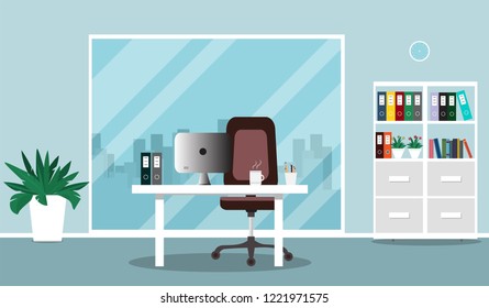 Flat office concept illustration. Chair, desk, vases, computer, window, bookcase. Vector illustration.