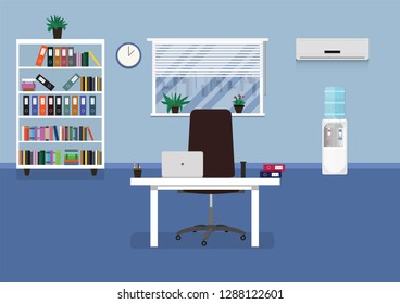 Flat office concept illustration. Chair, desk, vases, laptop, bookcase, window, clock, conditioner, cooler. Vector illustration. 