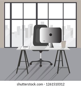 Flat office concept illustration. Vector workplace modern design. Office illustration with chair, desk, computer, coffee cup, window. Vector illustration.