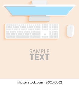 Flat office desk vector. Computer set of modern white keyboard, mouse and monitor on light office desk. Copy space below.