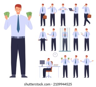 Flat office employee character working poses and gestures. Business man run with briefcase, sit at desk and think. Businessman vector set. Male poor and rich person, standing behind bars