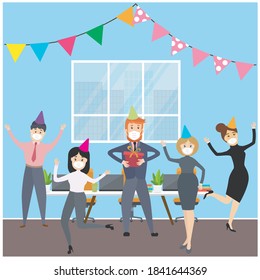 Flat Office group people with masks on the face, vector illustratiom.