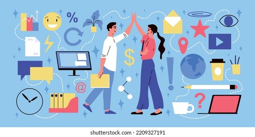 Flat office icons set with people in official clothing during work time isolated vector illustration