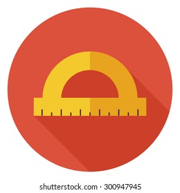 Flat Office Measure Instrument Protractor Circle Icon with Long Shadow. Back to School and Education Vector illustration. Office Supply and Drawing Tool Object. Ruler and Scale