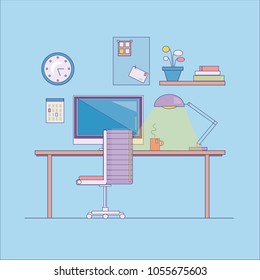 Flat office place illustration workplace work desk computer