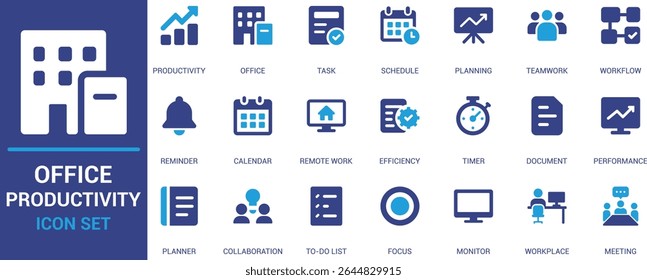 Flat office productivity icon set featuring task, schedule, teamwork, focus, planning, and workflow symbols. Ideal for business, apps, and UI design.


