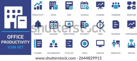 Flat office productivity icon set featuring task, schedule, teamwork, focus, planning, and workflow symbols. Ideal for business, apps, and UI design.


