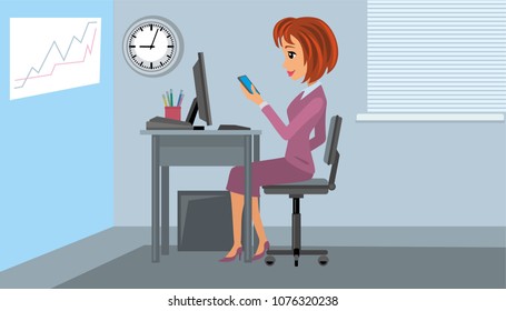 flat office worker with gadget